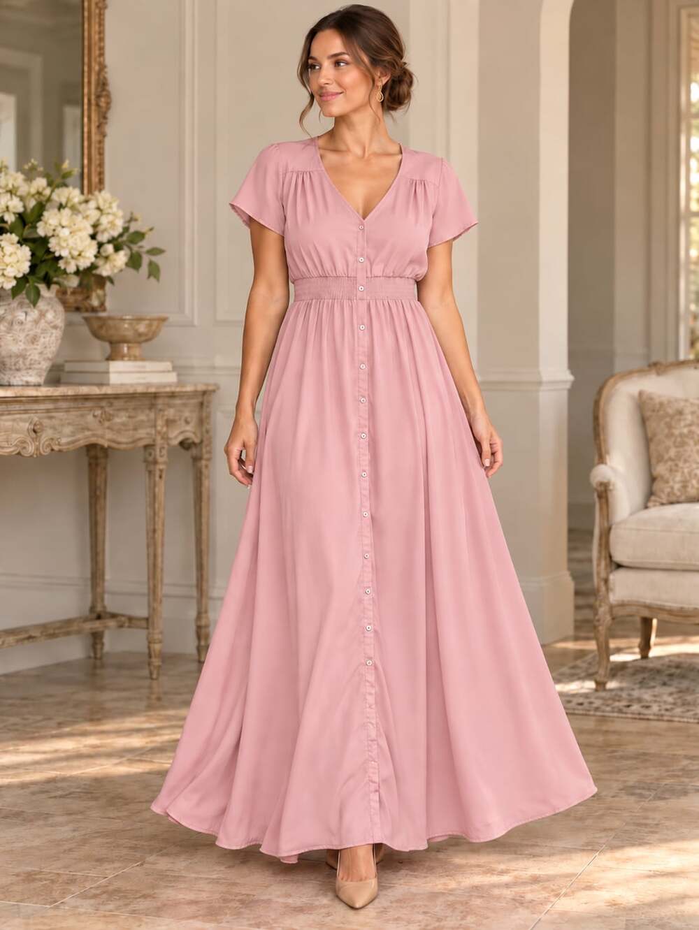 JessaKae Pink Maxi Dress Smocked Waist Button Front Short Sleeve Large